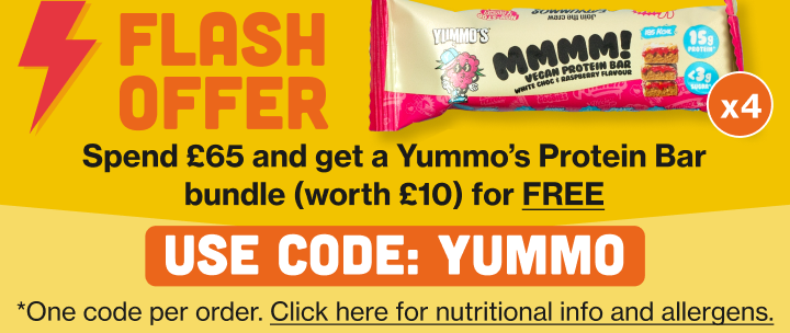 Flash Offer - Spend £65 and get Yummo's protein bar bundle (Worth £10) for FREE. Use code YUMMO