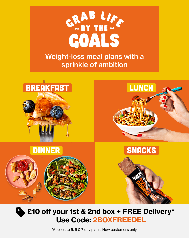 Selection of healthy meal options for breakfast, lunch, dinner and snacks with slogan grab life by the goals