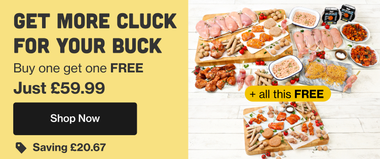 A large selection of chicken products arranged on boards with an insert of free items