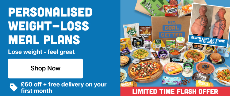 A selection of Goal Getters meals arranged around a delivery box with Elwyn's transformation photograph - limited time offer