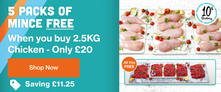 12 large chicken breasts arranged on chopping boards, plus 5 blocks of beef mince on a marble board with insert saying all this free
