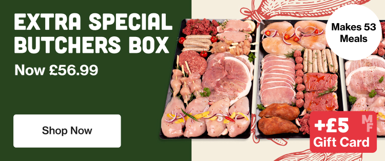 A large variety of raw meat arranged on 3 baking trays + £5 gift card