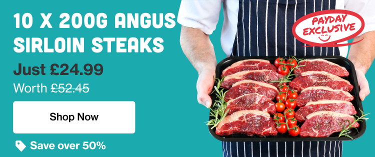 10 x Angus Sirloin Steaks arranged on chopping boards