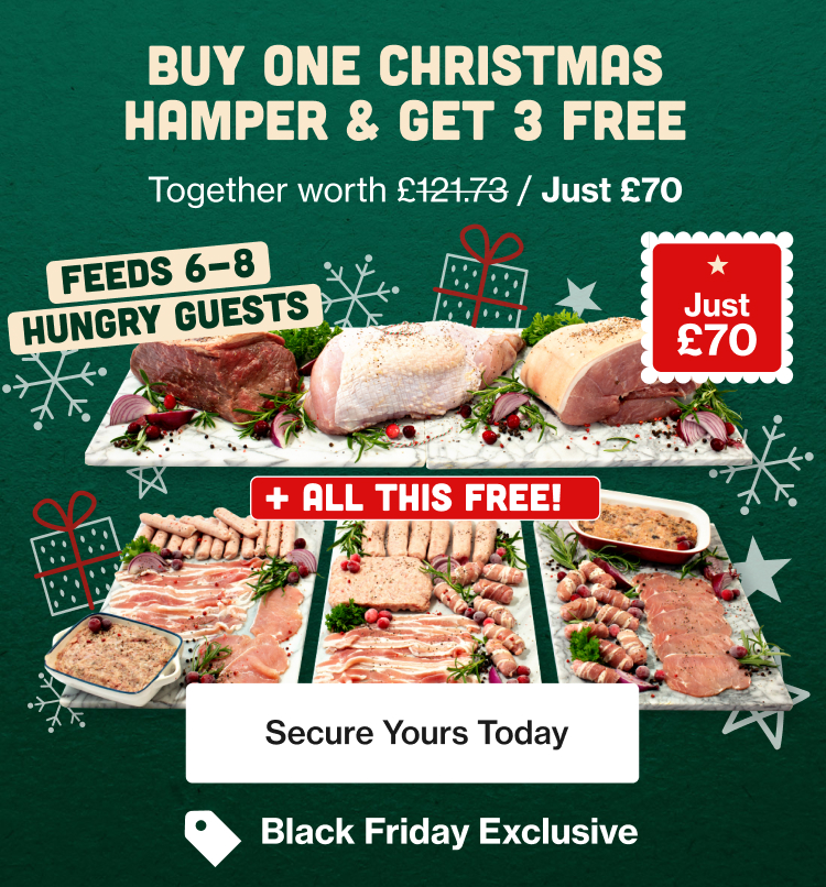 3 large Christmas roasting joints arranged on boards above 3 smaller boards with a variety of raw meats with the caption plus all this for free