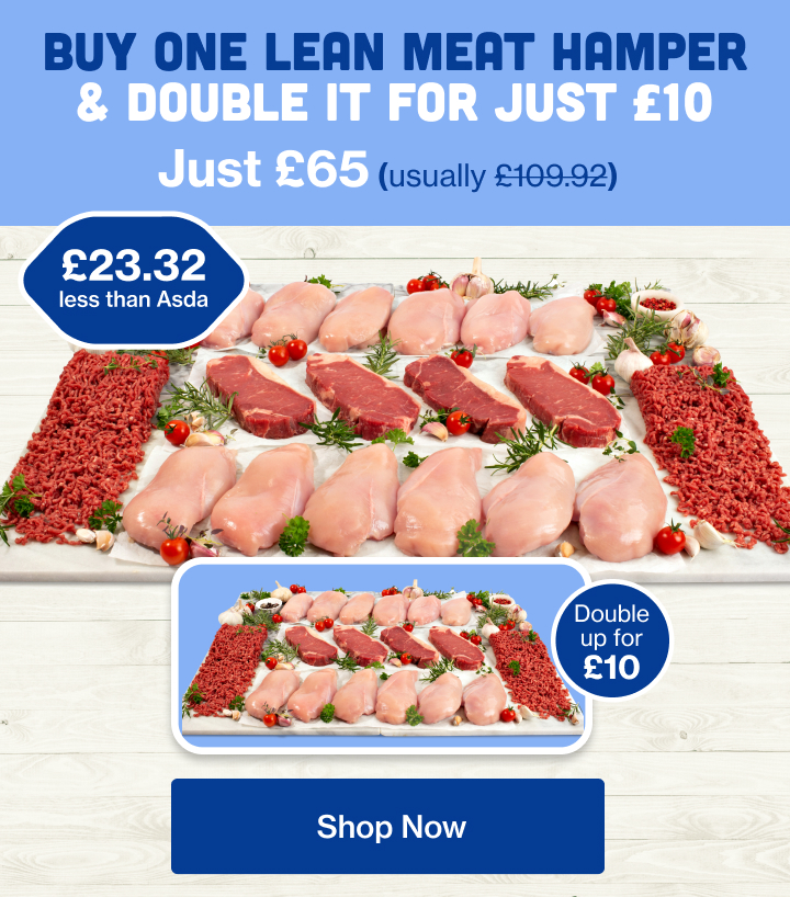 Chicken breast, rump steaks and beef mince arranged on chopping boards with caption double up for £10