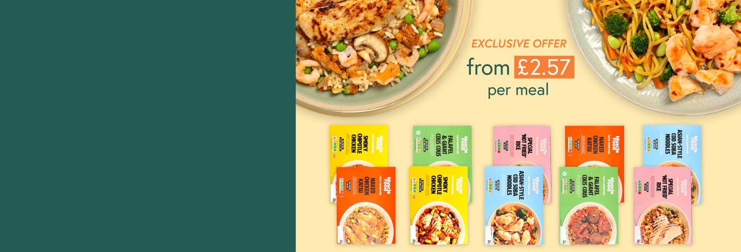 Two ready meals on plates with full range arranged below