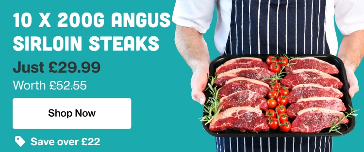 10 x Angus Sirloin Steaks arranged on a baking tray held by a butcher