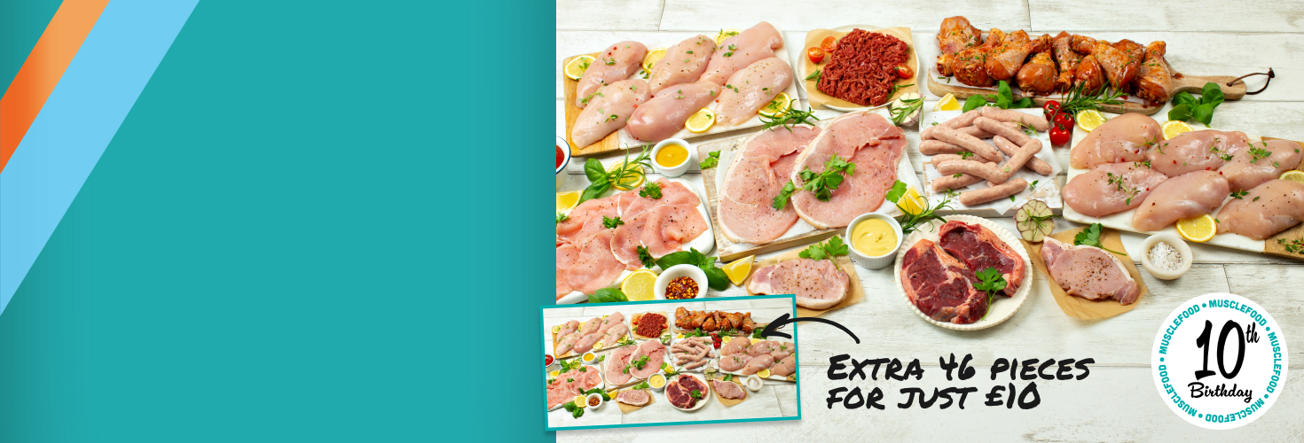 A large selection of raw meats arranged on chopping boards with insert of another raw meat hamper with callout Extra 42 pieces for just £10