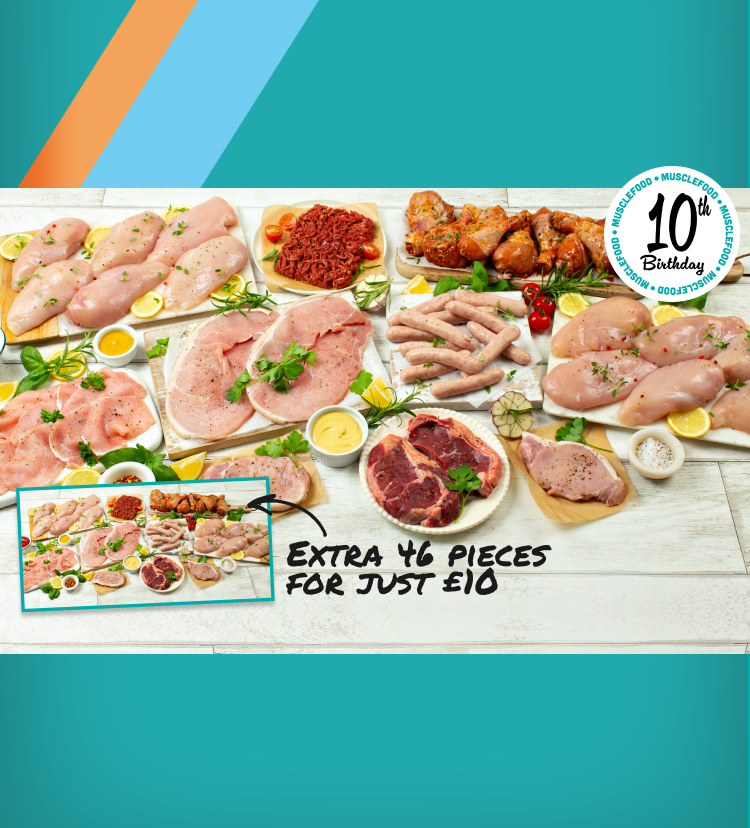 A large selection of raw meats arranged on chopping boards with insert of another raw meat hamper with callout Extra 42 pieces for just £10