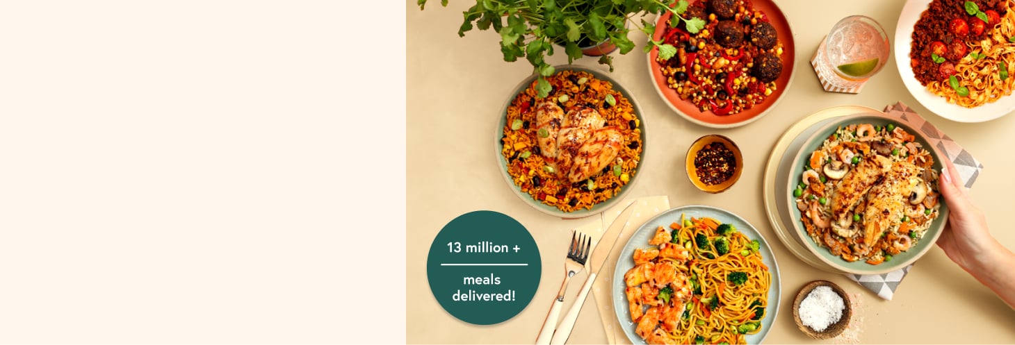 A selection of ready meals on plates with insert saying 13+ million meals delivered