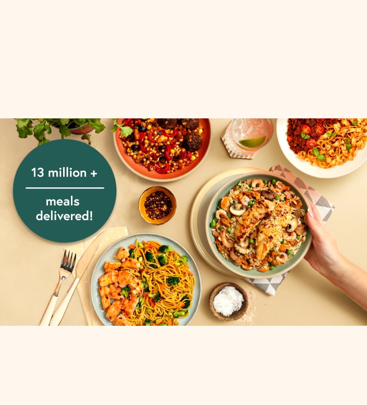 A selection of ready meals on plates with insert saying 13+ million meals delivered