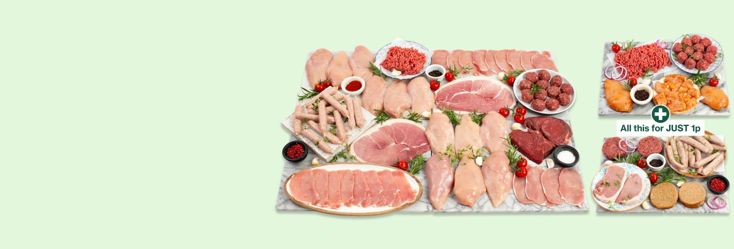 A large variety of raw meats arranged on backing trays with 2 further hampers for 1 penny