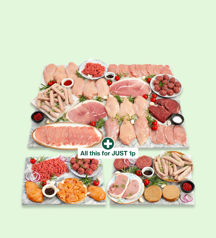 A large variety of raw meats arranged on backing trays with 2 further hampers for 1 penny