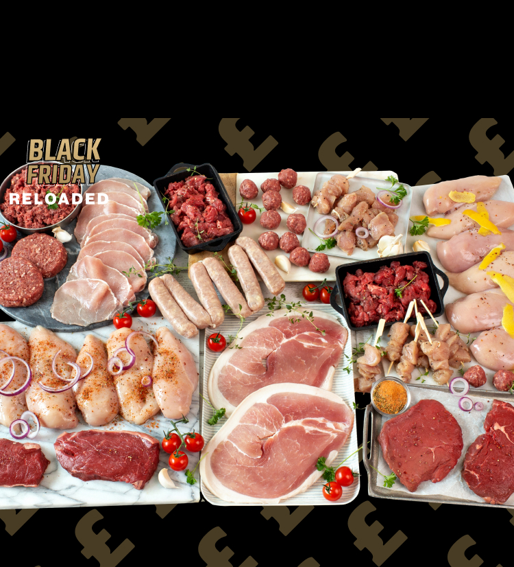 A large amount of various types of raw meat arranged on several chopping boards and cooking trays