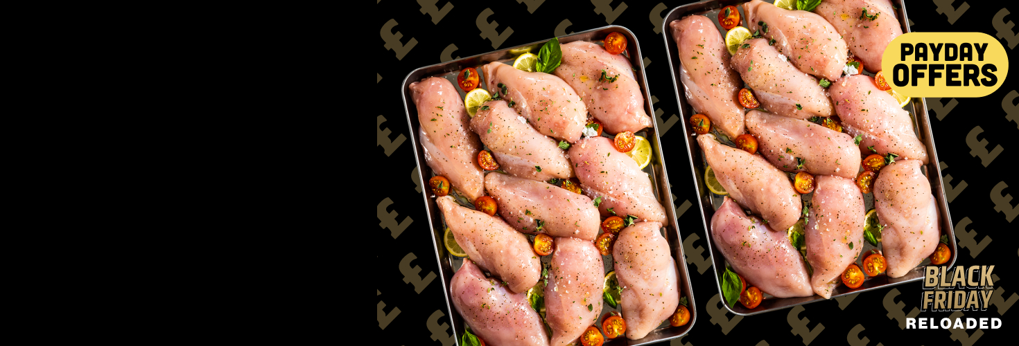 12 large chicken breasts, garnished and arranged on two metal cooking trays