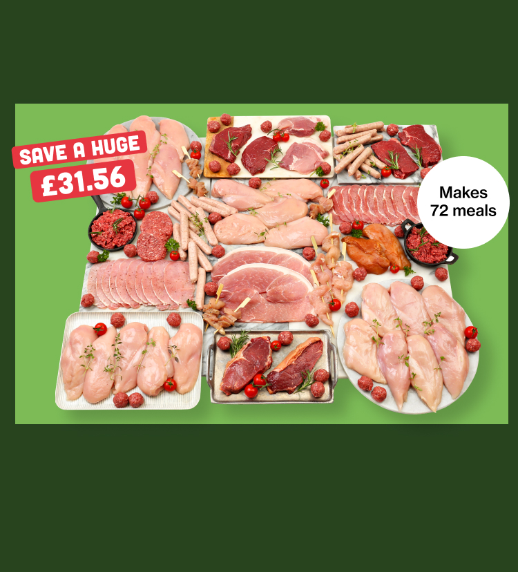 A huge variety of raw meats arrange on plates and boards - makes 72 meals
