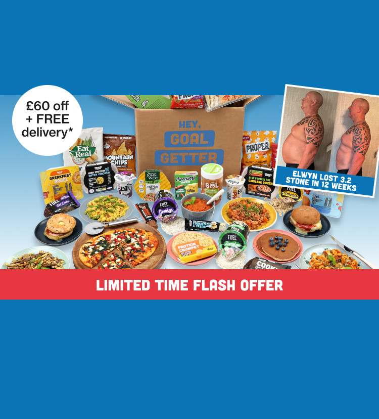 A 5 day selection of Goal Getters meals arranged around a delivery box with Elwyn transformation photograph - limited time offer