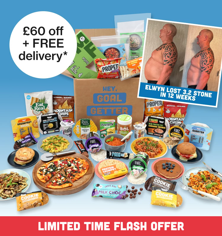 Goal Getters 5 day food plan arranged around a delivery box with Elwyn transformation photograph + Limited time offer