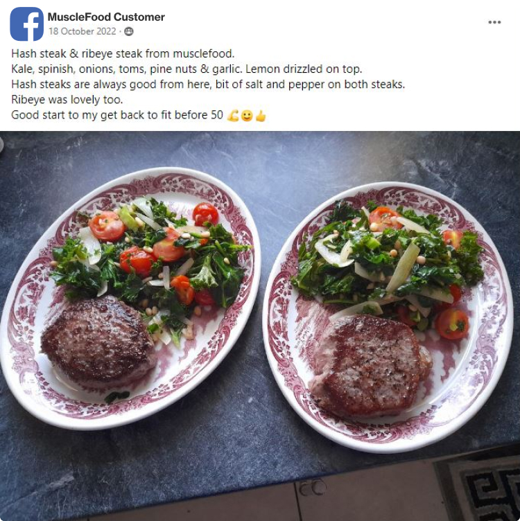 customer review from facebook with picture of cooked steaks