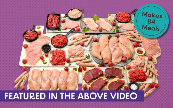 Various raw meats arranged on trays and boards - makes 81 meals - as featured in the above video