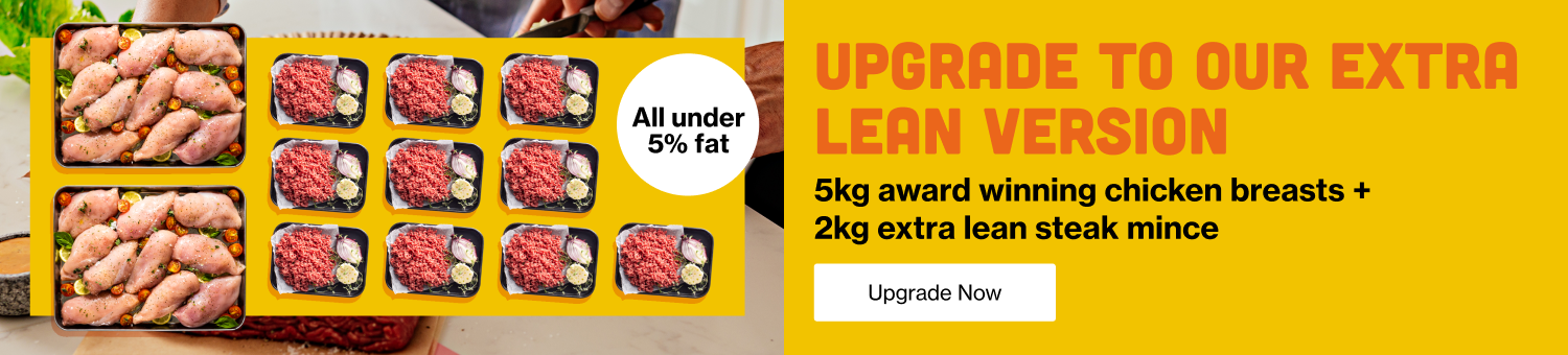2 trays of chicken breasts and 10 small trays of beef mince with the caption upgrade to our extra lean version