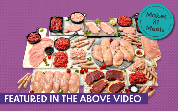 Various raw meats arranged on trays and boards - makes 81 meals - as featured in the above video