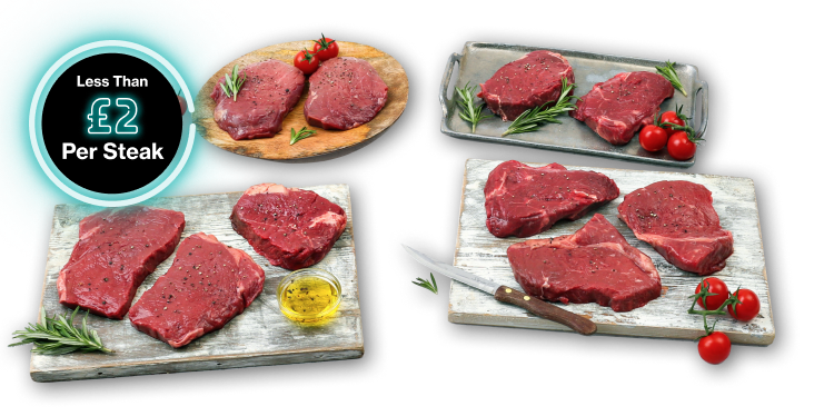 10 rump steaks arranged on chopping boards