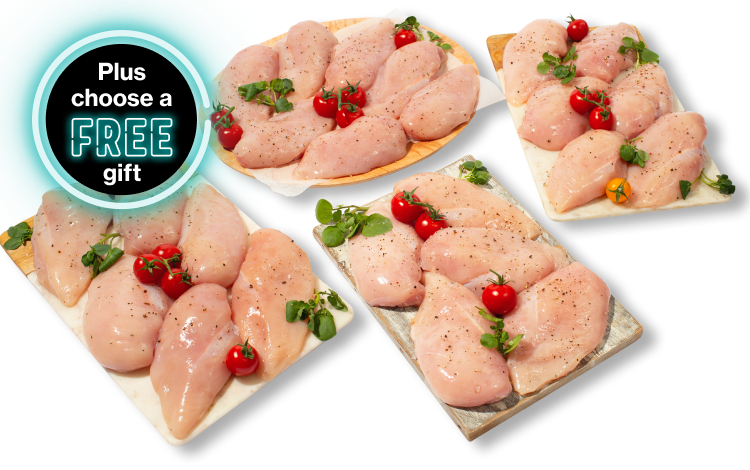 Raw chicken breasts arranged on 4 wooden chopping boards