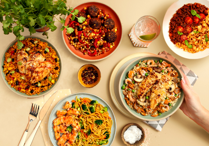 Photograph of a selection of ready meals arranged on plates