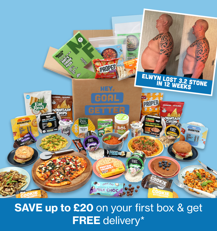 A selection of Goal Getters preppared meals and snacks arranged on and around a delivery box with insert of Elwyn's transformation pictures with callout SAVE up to £20 on your first box & get FREE delivery