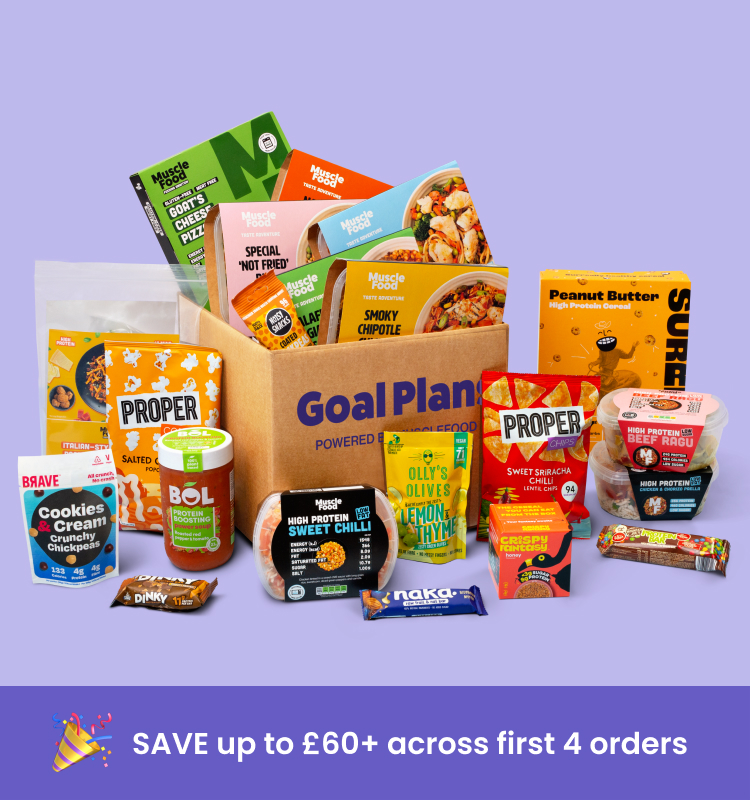 A variety of products arranged in, on and around a Goal Plans delivery box