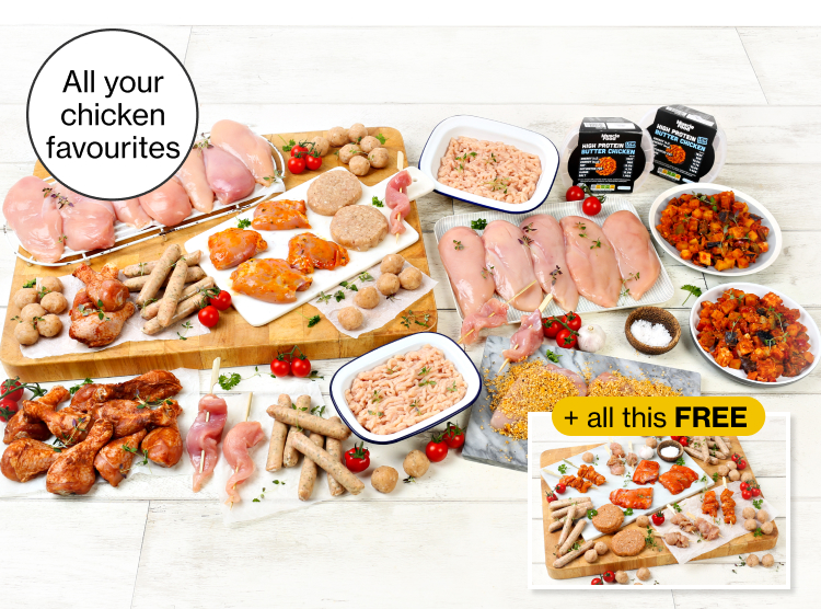 A large selection of chicken products arranged on boards with an insert of free items