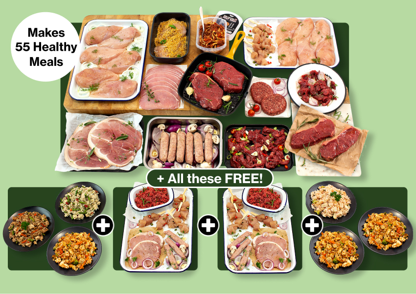 A large variety of raw meats arranged on chopping boards with payday exclusive sticker