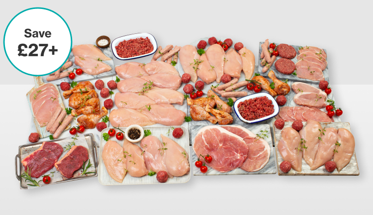 a large selection of raw meats arranged on baking trays with call out saying 100 million products sold