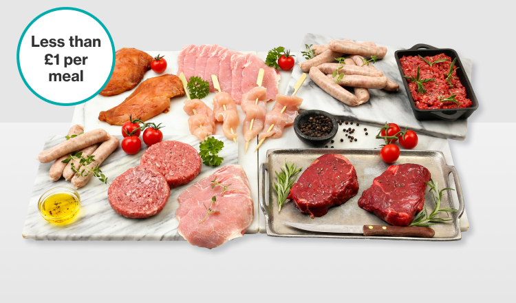 a large selection of raw meats arranged on baking trays with call out saying 100 million products sold