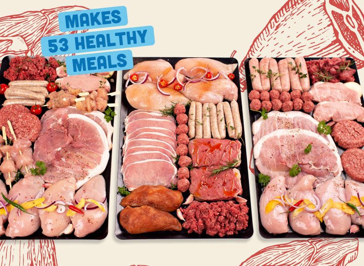 A large variety of raw meats arranged over 3 baking trays