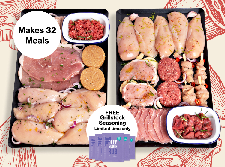 A large variety of raw meats arranged over 2 baking trays