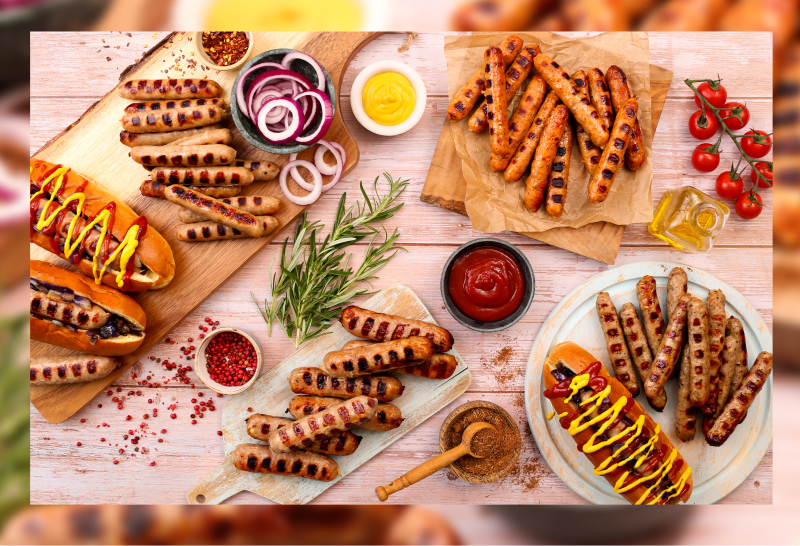 A variety of flavoured cooked sausages arranged on boards and in hot dog buns