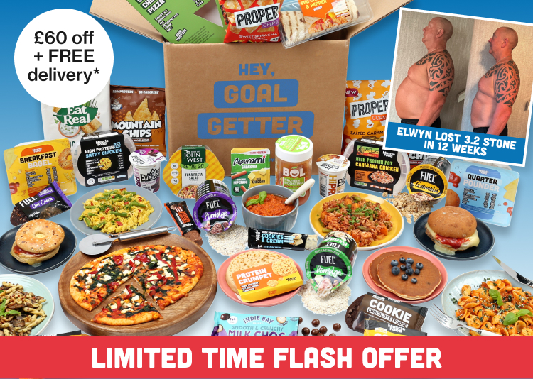 Goal Getters 5 day food plan arranged around a delivery box with Elwyn transformation photograph + Limited time offer